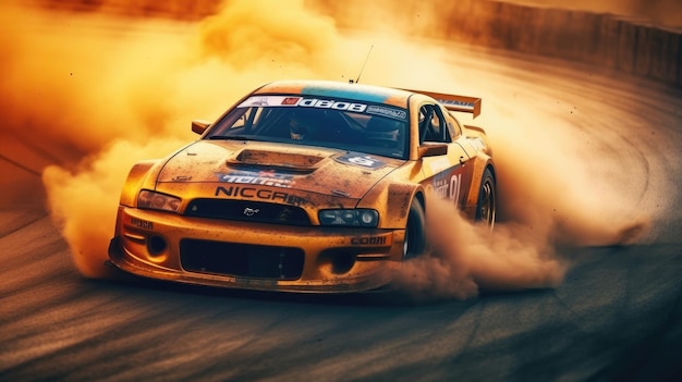 Car drifting Blurred image diffusion race drift car with lots of smoke from burning tires on track