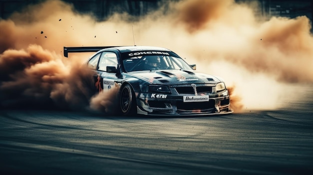 Car drifting Blurred image diffusion race drift car with lots of smoke from burning tires on track