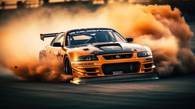 Car drifting Blurred image diffusion race drift car with lots of smoke from burning tires on track