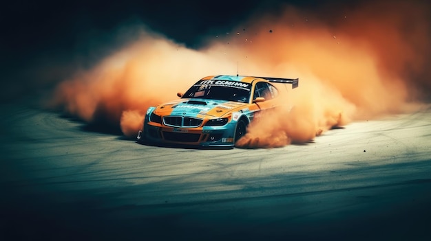 Car drifting Blurred image diffusion race drift car with lots of smoke from burning tires on track