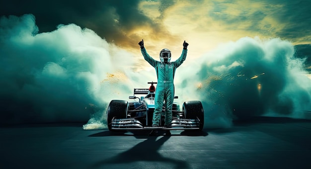 car driver celebrating against the racetrack and smoke in the style of dark teal and silver