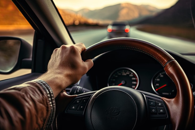 Car driver s hands on steering wheel driving on highway road during a road trip