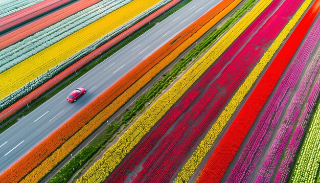 Foto l'auto guida lungo una strada di asfalto sullo sfondo dei campi di tulipani vista dall'alto