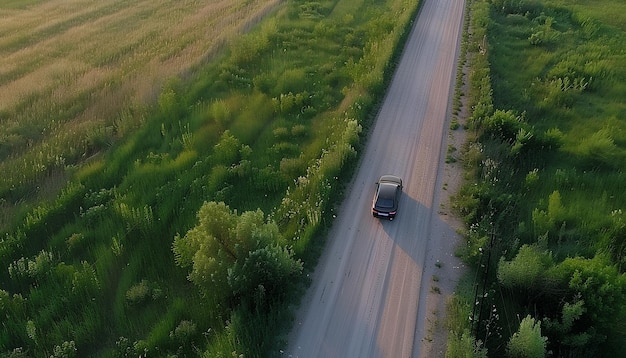 car drives along an asphalt road in a field top view