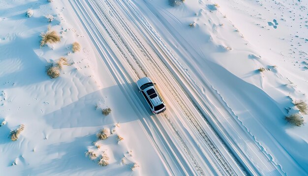 Photo car drives along an asphalt road through a white sandy desert top view