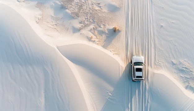 car drives along an asphalt road through a white sandy desert top view