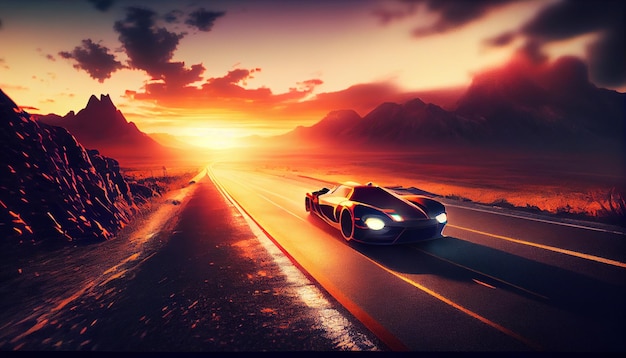 Photo the car drives along the highway at sunset generative ai