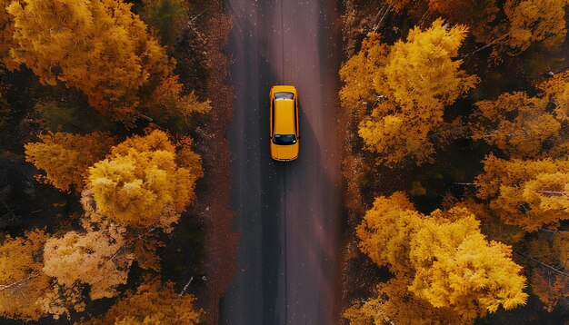 Foto l'auto guida lungo la strada tra la vista superiore della foresta d'autunno