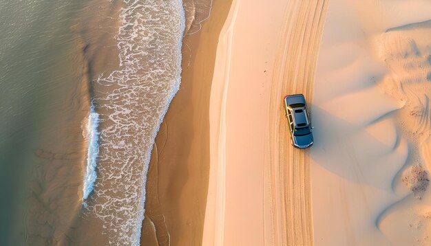 Photo car drives along road through a white sandy beach near ocean top view