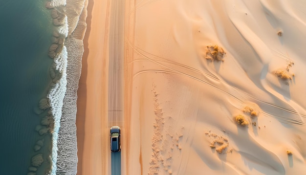 car drives along road through a white sandy beach near ocean top view