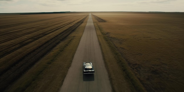 A car drives down a long road in the middle of nowhere.