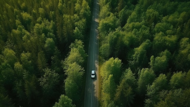 車が森の中の道を走っています。