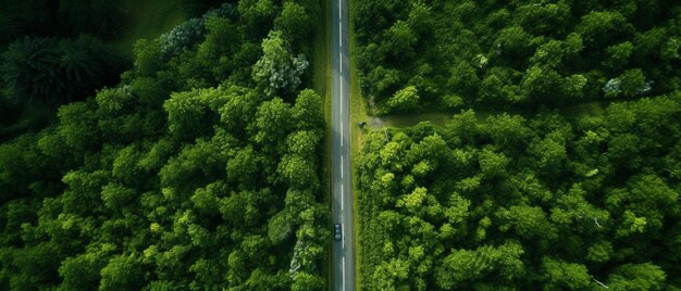 Photo a car drives down a road surrounded by trees