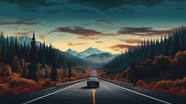 a car drives down a road with mountains in the background.