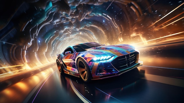 A car drives in space on a rainbow road