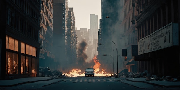 A car drives through a city street in the middle of a fire.