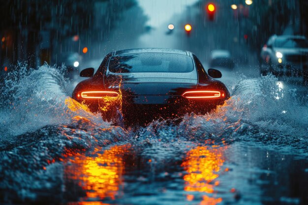 Car drives through a deep puddle on a flooded street