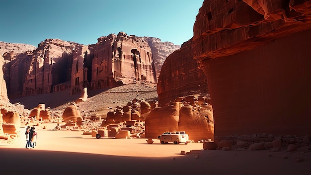 A car drives through the desert in the desert.