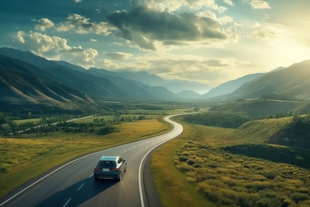 The car drives through the forest on the background of the mountains top view travel concept generative ai