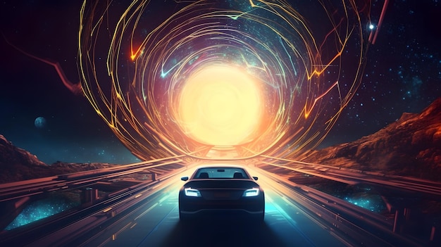 불이 켜진 터널을 달리는 자동차.