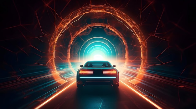 A car drives through a tunnel with a neon light behind it.