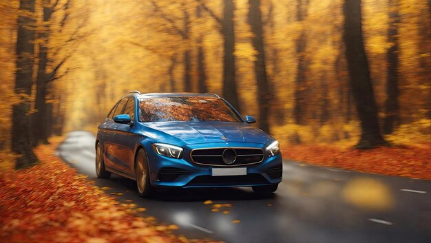 A car driving along the road through an autumn forest