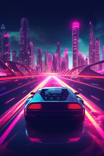 A car driving on a city street with neon lights generative ai