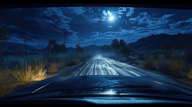 Автомобиль едет по сельской дороге ночью