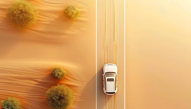 Car driving on desert road in summer top view