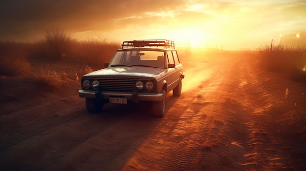 A car driving on a dirt road at sunset