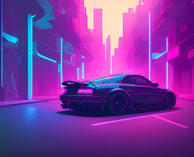 A car driving down a city street at night with neon lights on the buildings and buildings Ai