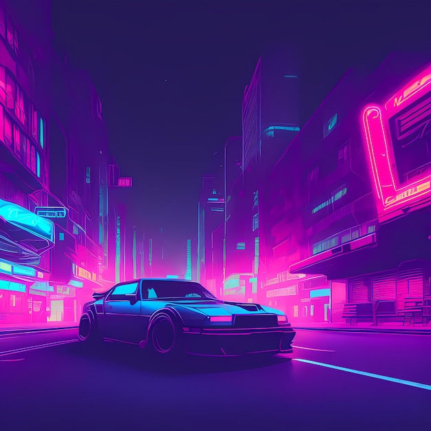 A car driving down a city street at night with neon lights on the buildings and buildings Ai