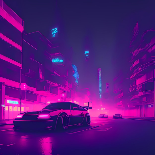 A car driving down a city street at night with neon lights on the buildings and buildings ai