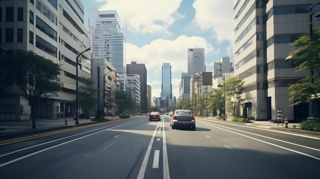 A car driving down a city street next to tall buildings Generative AI