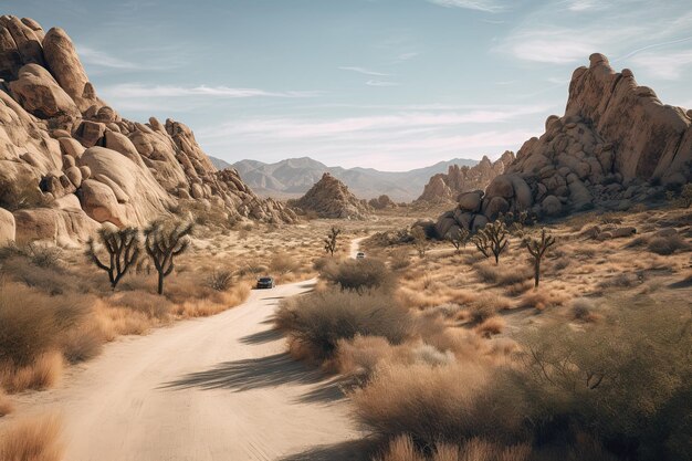 Photo a car driving down a dirt road in the desert