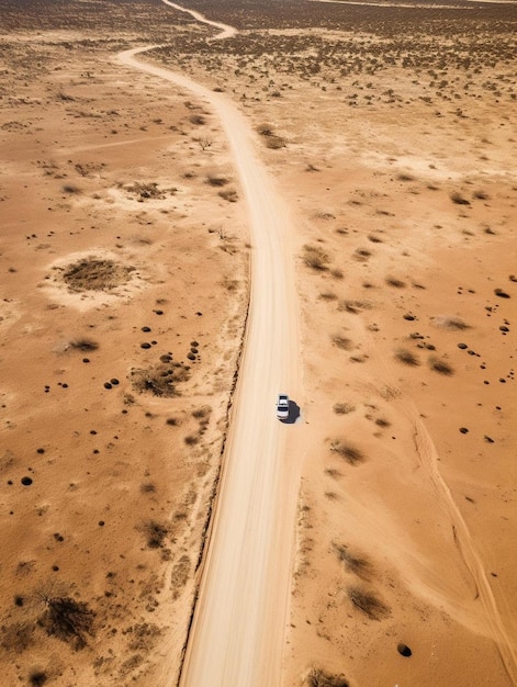 a car driving down a dirt road through the desert