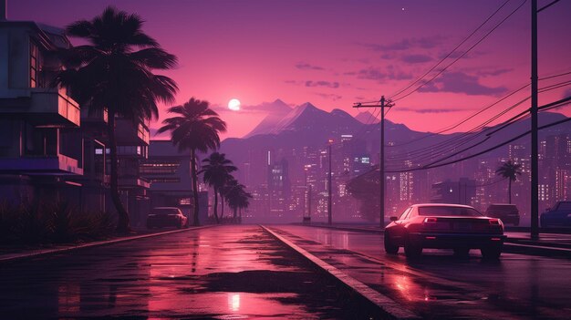 Фото Автомобиль едет по дождливой улице в темную ночь