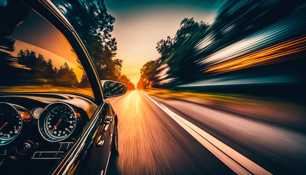 Foto auto che percorre la strada al tramonto ia generativa