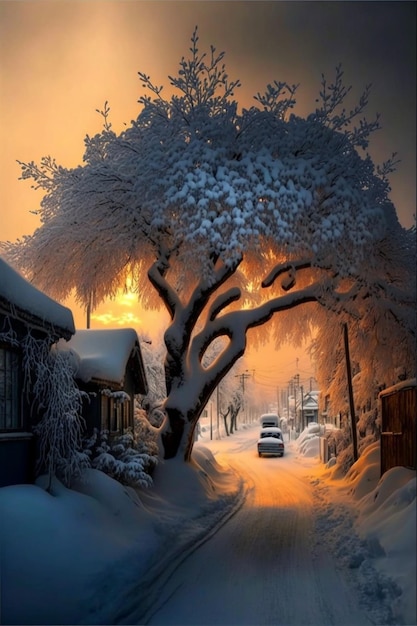 雪に覆われた通りを下る車のジェネレーティブ ai