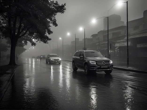 夜の雨の中ライトを点けた車が通りを走っている