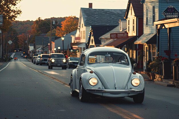 Photo a car driving down a street next to tall buildings