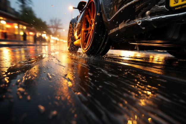 Car Driving Down Wet Street at Night