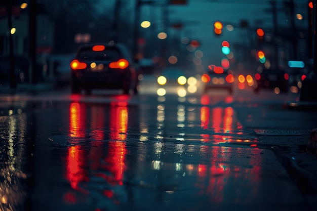 Car Driving Down Wet Street at Night