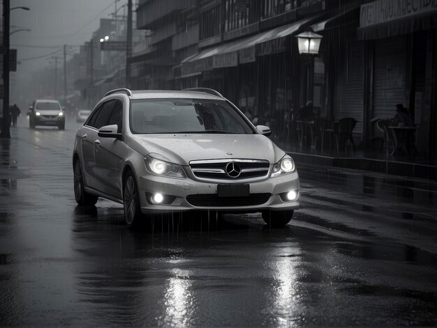 a car driving down a wet street in the rain with a light on