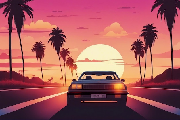 Car driving into the sunset Summer vibes 80s style illustration palms