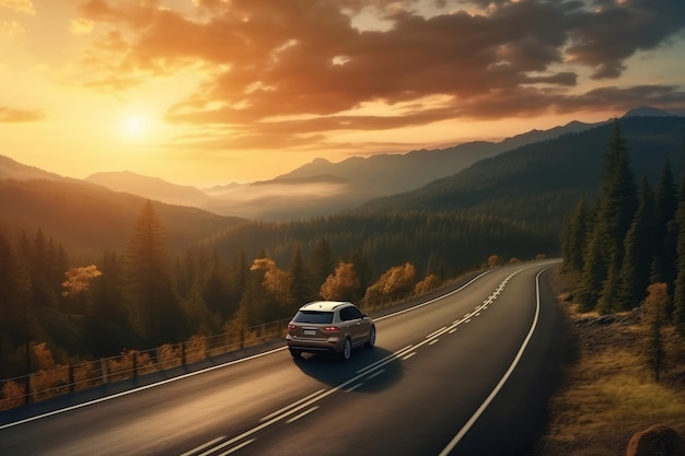 Car driving on a mountain road at sunset with scenic forest and mountain views