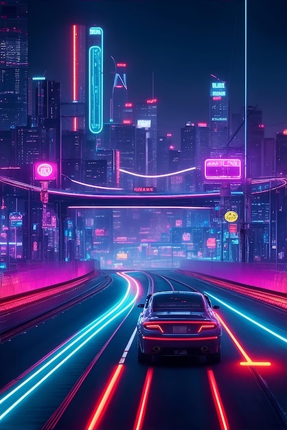 Car driving on the road in the city at night with neon lights Generative AI