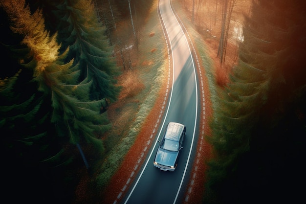 A car driving on a road in the forest