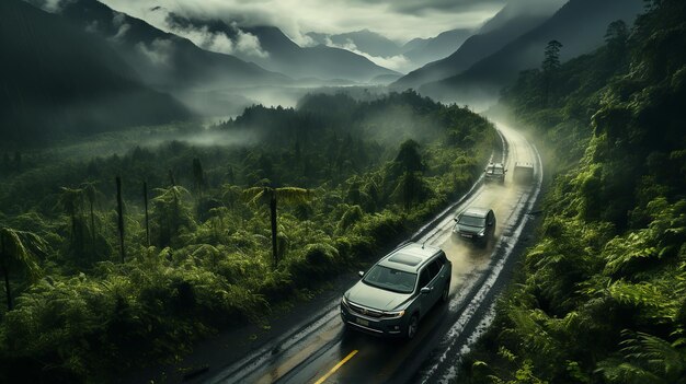 霧の雨林の道路で車を運転するパノラマ