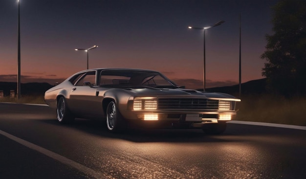 Car driving on the road in the mountains at sunset Long exposure Generated by AI